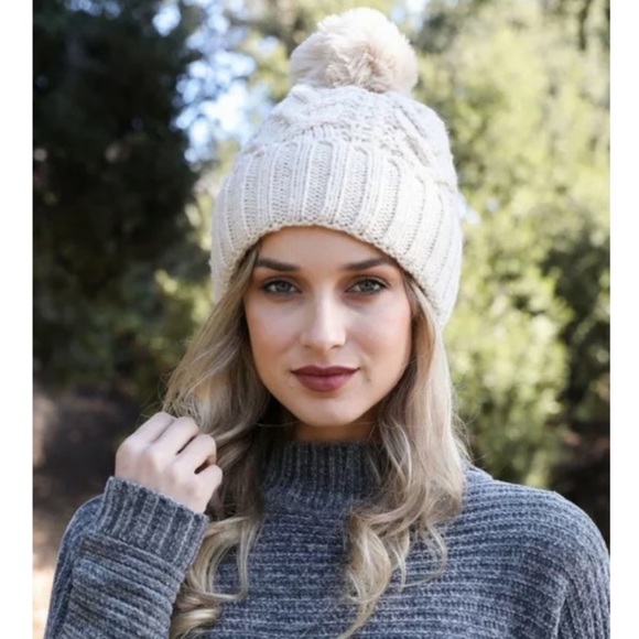 Accessories - SOLD OUT Cream Cable Knit Fleece Lined Pompom Beanie